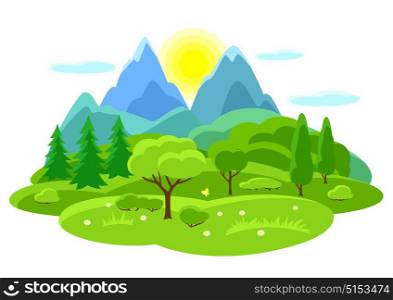 Summer landscape with trees, mountains and hills. Seasonal illustration. Summer landscape with trees, mountains and hills. Seasonal illustration.