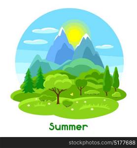 Summer landscape with trees, mountains and hills. Seasonal illustration. Summer landscape with trees, mountains and hills. Seasonal illustration.