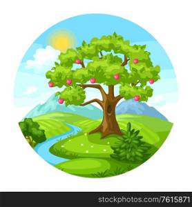Summer landscape with trees, mountains and hills. Seasonal nature illustration.. Summer landscape with trees, mountains and hills.