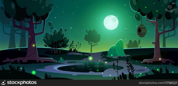 Summer landscape with trees, pond, stones and beehive hanging on branch at night. Vector cartoon nature scene with lake, bush, moon in sky, flying fireflies and hive. Summer landscape with trees, pond and beehive