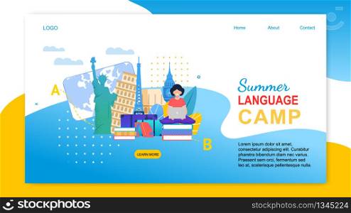 Summer Language Camp. Cartoon Girl with Notebook Learn Languages Abroad. Study English French Italian Spanish. Europe Country Education. Children Travel Program. Summer Vacation Holidays Trip. Cartoon Girl with Notebook Learn Languages Abroad