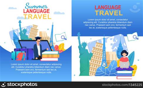 Summer Language Travel Banner Set. Cartoon Girl with Notebook Multilingual Learn. Man Teach English French Italian Spanish. Speak and Talk Abroad. Europe Country Education Travel Program. Summer Language Travel Banner Set Europe Travel