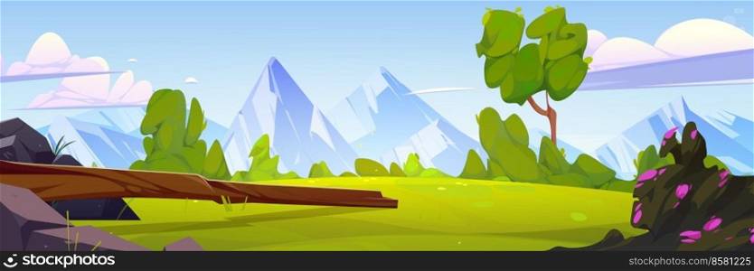 Summer lawn on mountain valley with green grass, trees and bushes with flowers. Countryside landscape with meadow with log and stones and rocks on horizon, vector cartoon illustration. Summer lawn on mountain valley with log