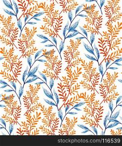 Summer leaves pattern. Hand drawn spring seamless leaves pattern. Bright flowers background. Decorative ornament backdrop for fabric, textile, wrapping paper, card, invitation, wallpaper, web design.