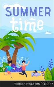Summer Leisure Time, Recreation on Tropical Seacoast Flat Vector Banner, Poster. Happy Children Running on Beach with Dog, Kids Enjoying Rest in Tropical Country, Having Fun on Seashore Illustration