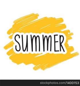 Summer lettering design. Vector illustration with black text on yellow sun background.. Hello Summer lettering design. Vector illustration with sun