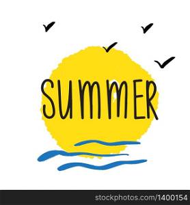 Summer lettering design. Vector illustration with black text on yellow sun background.. Hello Summer lettering design. Vector illustration with sun