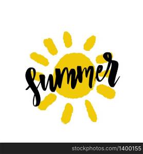 Summer lettering design. Vector illustration with black text on yellow sun icon background.. Hello Summer lettering design. Vector illustration with sun