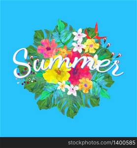 Summer lettering on abstract hand painted tropical composition. Isolated hibiscus flowers and green palm, monstera leaves on blue background. Vector illustration.. Summer text on abstract hand painted tropical composition.Vector