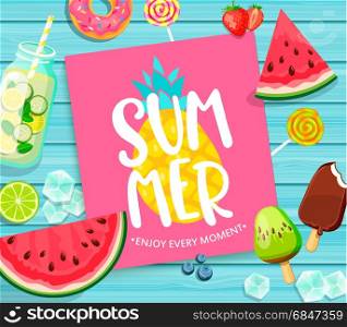 Summer lettering on blue wooden background.. Summer lettering on blue wooden background with pineapple, watermelon, detox, ice, donut, ice cream, lime and candy. Vector Illustration.