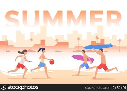 Summer lettering, people playing with ball, surfboards on beach. Leisure, holiday, activity concept. Presentation slide template. Vector illustration for topics like summer, tourism, vacation. Summer lettering, people playing with ball, surfboards on beach