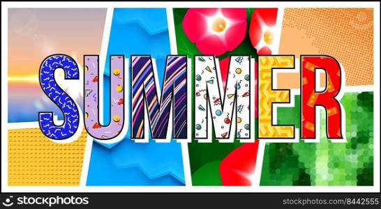 Summer lettering post-modern collage banner or print sign with various texture cuts and vibrant colorful backgrounds