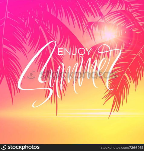 Summer lettering poster with palm trees background in pink colors. Vector illustration EPS10. Summer lettering poster with palm trees background in pink colors. Vector illustration