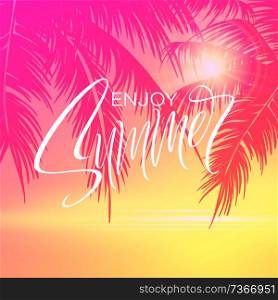 Summer lettering poster with palm trees background in pink colors. Vector illustration EPS10. Summer lettering poster with palm trees background in pink colors. Vector illustration
