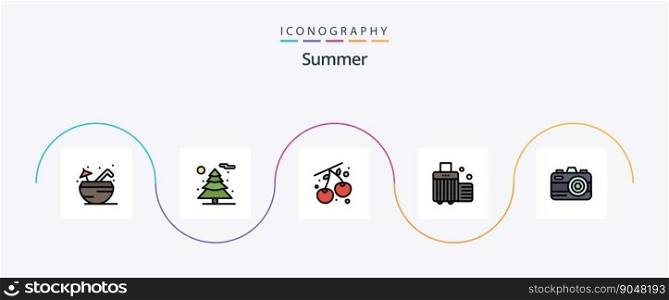Summer Line Filled Flat 5 Icon Pack Including . photo. cherry. camera. case