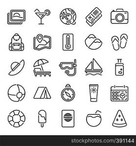 Summer line icons. Summers vacation, sunrise sun and sunglasses for camper. Beach relax umbrella icon, travel holiday or tourism recreation. Vector illustration isolated symbols set. Summer line icons. Summers vacation, sunrise sun and sunglasses for camper. Beach relax umbrella icon vector illustration set