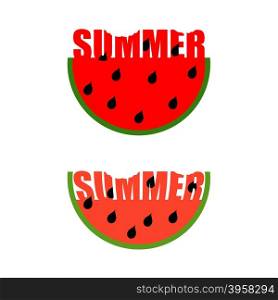 Summer logo. Piece of watermelon with word summer. Traces of teeth on a piece. Vector emblem&#xA;