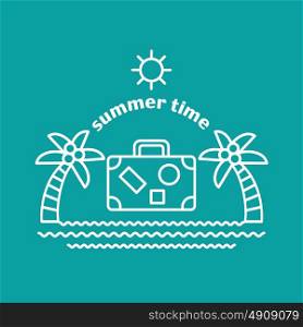 Summer. Logo, vector illustration. alm tree, suitcase, sun and sea. Leisure, vacation, tourism,