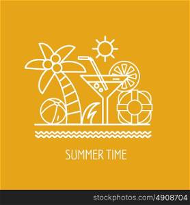 Summer. Logo vector summer rest on the sea. Palma, sea, lifebuoy, shell, cocktail, sun.