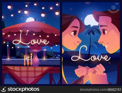 Summer love cartoon posters, loving couple outdoor dating with flowers on table and glowing candles at night. Man and woman holding hands, romantic relations, romance, togetherness Vector illustration. Summer love cartoon posters, couple outdoor dating