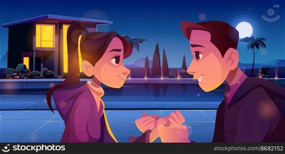 Summer love, couple romantic relations. Loving man and woman holding hands at night. Young people dating, male and female characters outdoor date, connection, romance, Cartoon vector illustration. Summer love, couple romantic loving relations