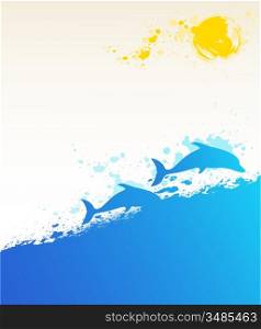 summer marine background with dolphins and sun
