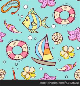 Summer marine seamless pattern with boat, fish and lifebuoy