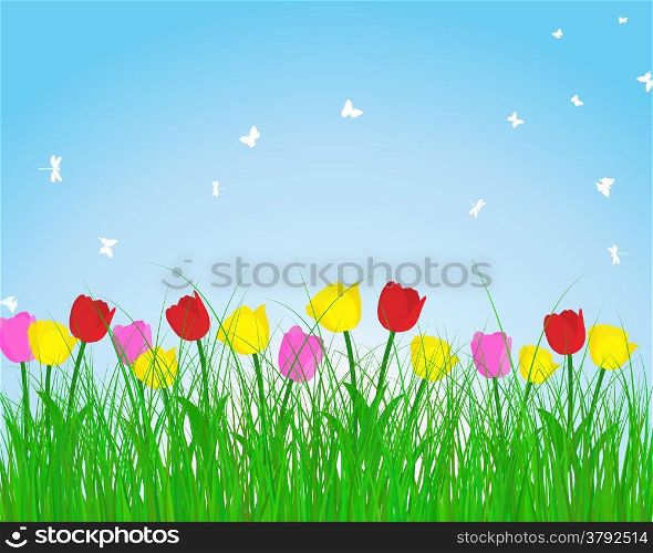 Summer meadow background with tulips. EPS 10 vector illustration without transparency.