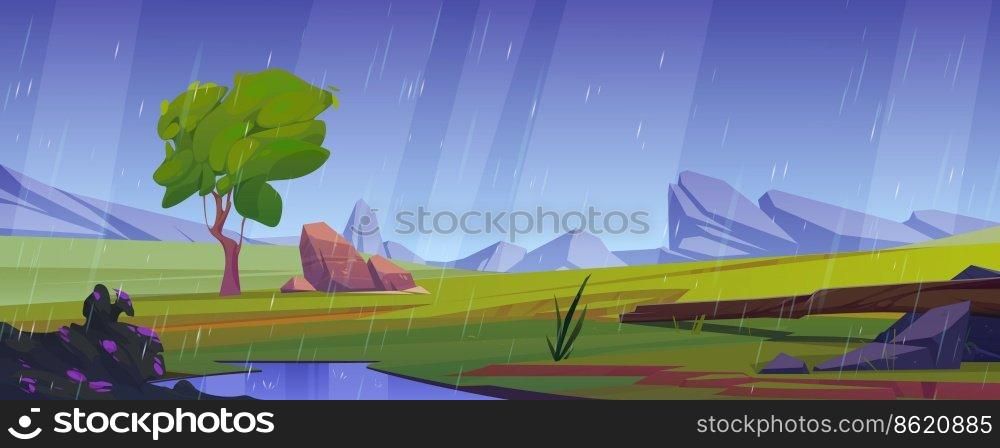 Summer meadow in mountain valley in rain. Countryside landscape with green grass, tree, stones, log and rocks on horizon in rainy weather, vector cartoon illustration. Summer meadow in mountain valley in rain