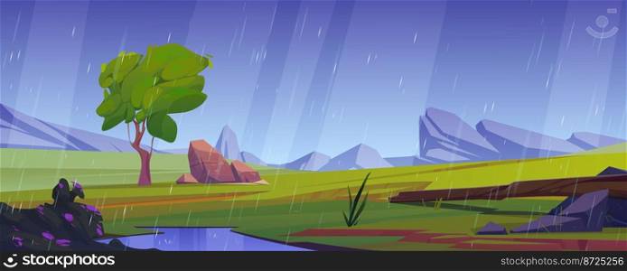 Summer meadow in mountain valley in rain. Countryside landscape with green grass, tree, stones, log and rocks on horizon in rainy weather, vector cartoon illustration. Summer meadow in mountain valley in rain