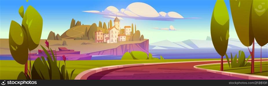 Summer mediterranean landscape with sea harbor, city on hill and mountains on horizon. Vector cartoon illustration of town in Europe, road, green grass and trees on lake coast. Summer mediterranean landscape with sea and city