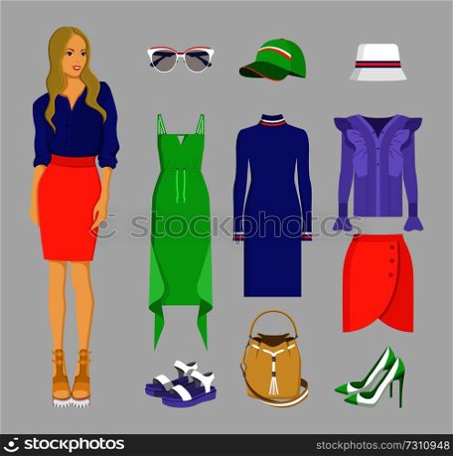 Summer mode of woman, set of clothing, elements for stylish ladies, skirt and blouse, dresses and shoes, bag and hats, sunglasses vector illustration. Summer Mode of Woman Set, Vector Illustration