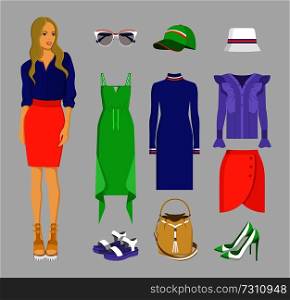Summer mode of woman, set of clothing, elements for stylish ladies, skirt and blouse, dresses and shoes, bag and hats, sunglasses vector illustration. Summer Mode of Woman Set, Vector Illustration