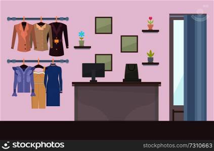 Summer mode store, poster with shelves and plants with flowers, jackets and dresses, counter with computer and curtain and mirror vector illustration. Summer Mode Store Poster, Vector Illustration