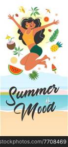 Summer mood. A cheerful girl happily jumps among exotic fruits and leaves on the beach. Vector illustration on a white background.. Summer mood. A bright summer illustration. A girl jumps on the beach.