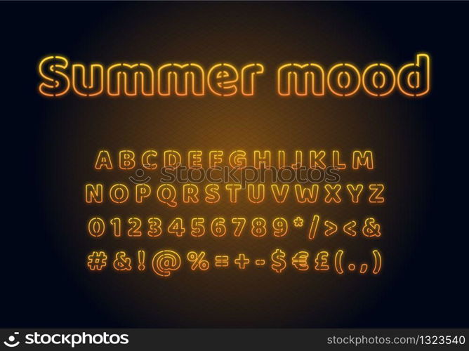 Summer mood neon light font template. Yellow illuminated vector alphabet set. Bright capital letters, numbers and symbols with outer glowing effect. Nightlife typography. Summertime typeface design