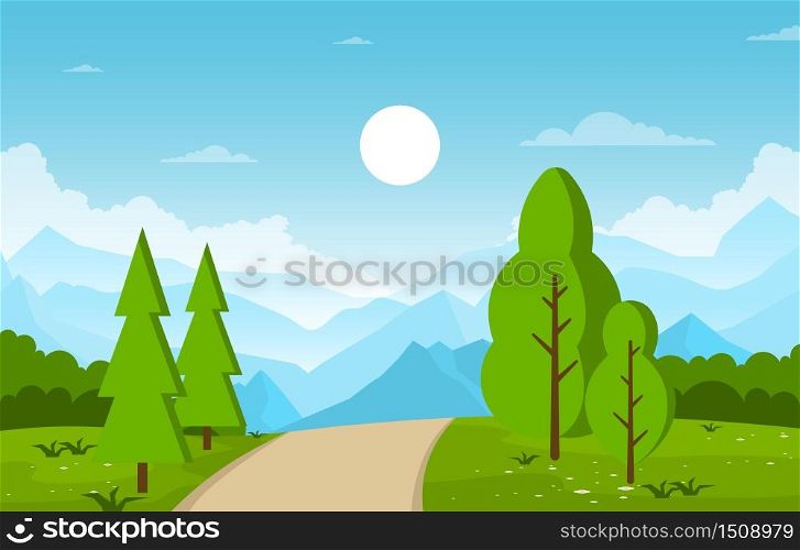 Summer Mountain Green Nature Field Land Sky Landscape Illustration