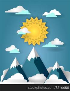 Summer mountain landscape. Alpine mountains and sun on a blue sky. Nature background vector illustration in paper art style.. Mountain landscape paper art banner