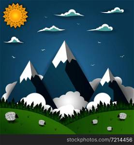 Summer mountain landscape with sheep on field. Alpine meadow, green valley, pasture of animals, forest and mountains on a blue sky. Nature background vector illustration in paper art style.. Mountain landscape with sheep on field