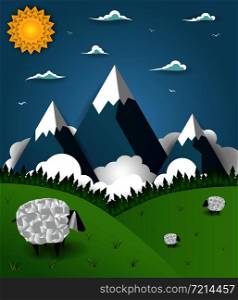 Summer mountain landscape with sheep on field. Alpine meadow, green valley, pasture of animals, forest and mountains on a blue sky. Nature background vector illustration in paper art style.. Mountain landscape with sheep on field