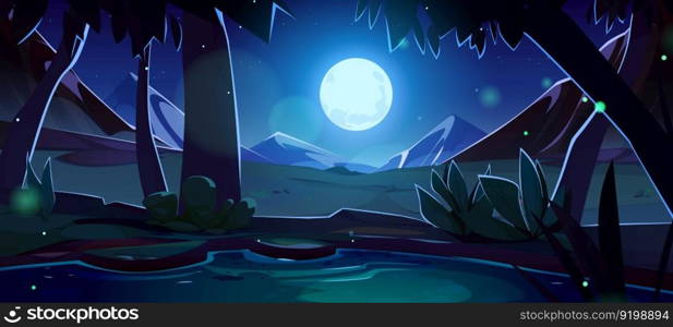 Summer mountain with lake night nature landscape background. Water in river near dark meadow and tree scene illustration. Alps with full moon light in blue sky to travel outdoor in peaceful mountains. Summer mountain with lake nature night landscape