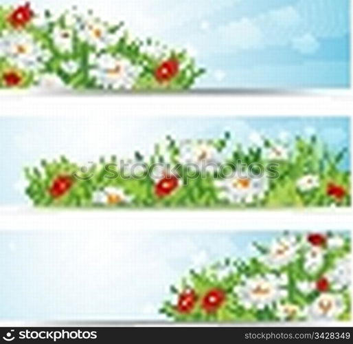 summer natural banners with flowes and blue sky, eps10 vector illustration