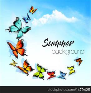 Summer nature background with a colorful butterflies and blue sky with clouds. Vector