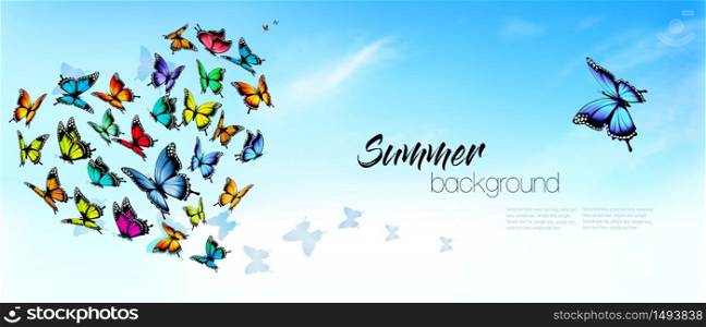 Summer nature background with a colorful butterflies and blue sky with clouds. Vector