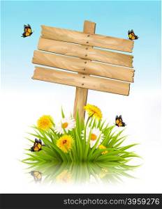 Summer nature background with grass, flowers and wooden sign. Vector.