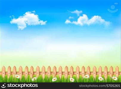 Summer nature background with green grass and wooden fence . Vector.
