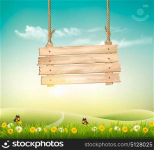 Summer nature background with green landscape and wooden sign. Vector