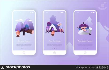Summer nature camp hiking character mobile app set vector image