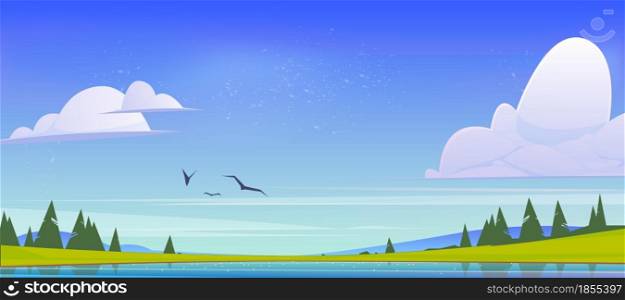 Summer nature landscape, scenery valley with lake, mountains, green field and conifers trees. Pond and spruces under blue sky with fluffy clouds and flying birds, cartoon parallax vector background. Summer nature landscape, scenery valley with lake