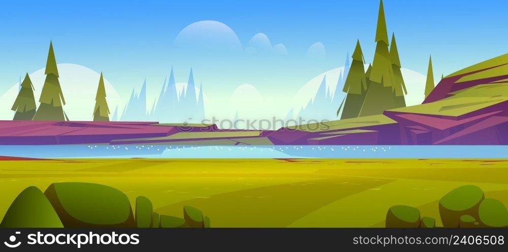 Summer nature landscape, scenery valley with lake, rocks, green field with lush grass and conifers trees. Pond and spruces under blue sky, natural park, cartoon parallax background Vector illustration. Summer nature landscape, scenery valley with lake